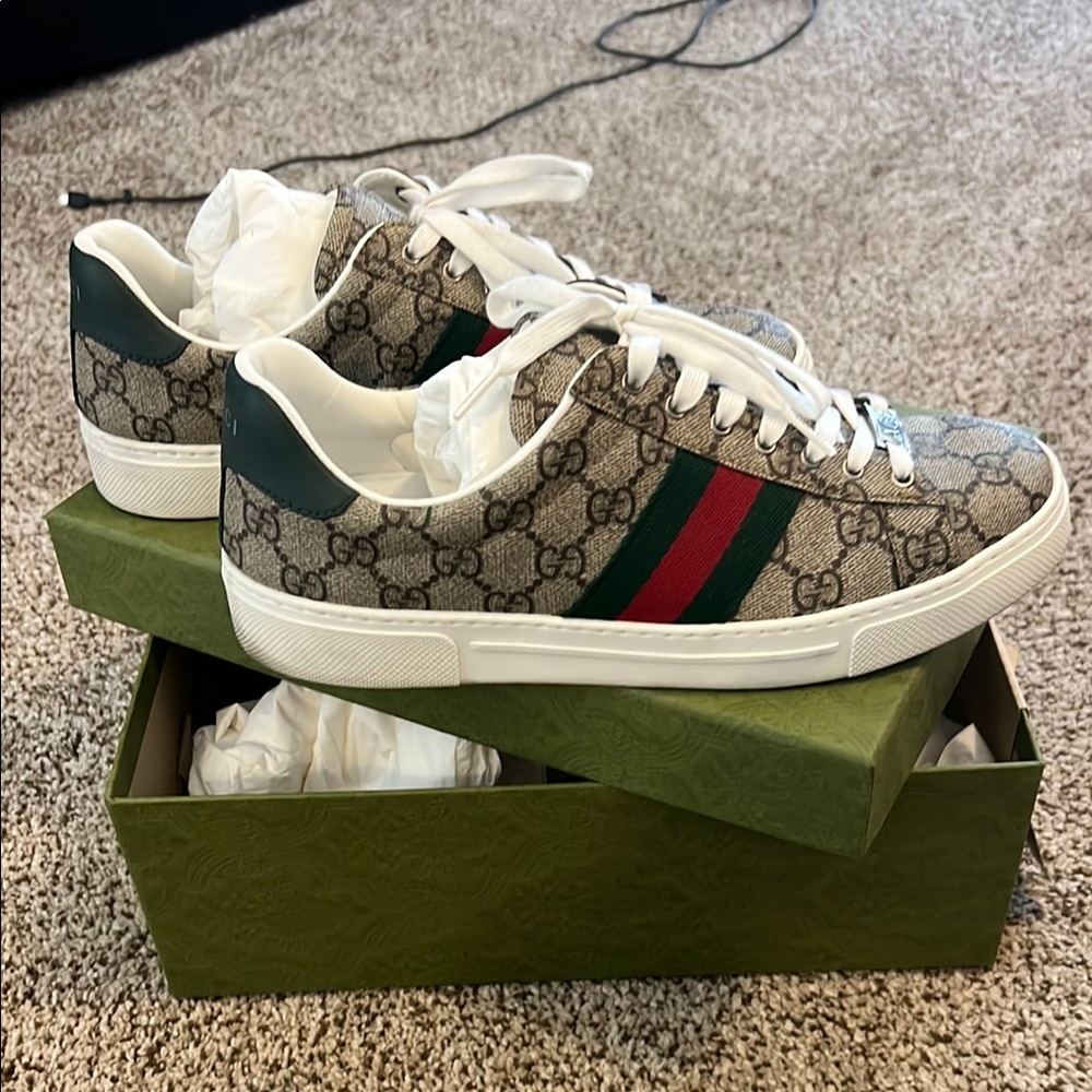 Gucci Beige Monogram Sneakers with Red and Green Accents